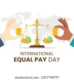 Vector graphic of money scales and hands holding coins cartoon for equal pay day celebration with flat design