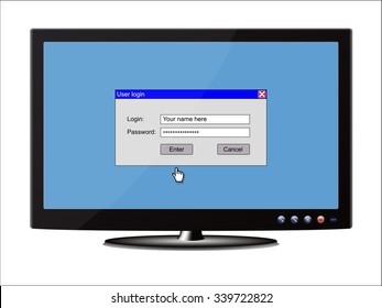 Vector graphic of a monitor displaying a login panel. Arranged layer structure
