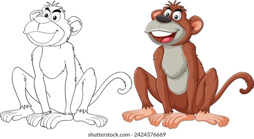 Vector graphic of a monkey, sketched and colored versions.