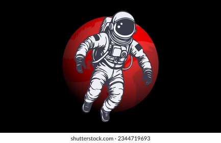 Vector graphic monochrome astronaut in space against the background of the planet mars.
