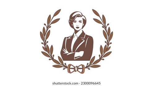 Vector gráfico monocromo hermosa mujer de negocios con las manos dobladas enmarcadas por orejas heráldicas de maíz. Fondo blanco aislado.