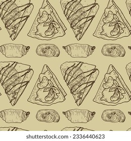 Vector graphic monochrome beige  pattern with French pancakes. National European, French cuisine Contour Collection. Image for textiles, scrapbooking, restaurant 