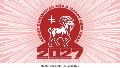 Vector gráfico monocromo de la cabra cornuda brutal, potente. Felices Navidades y Feliz Año Nuevo. 2027. Cartel o tarjeta de Festiva. Etiqueta engomada o logotipo