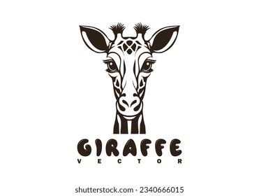 Vector graphic monochrome cartoon cute giraffe head with beautiful eyes. Logo, label or emblem. White isolated background.