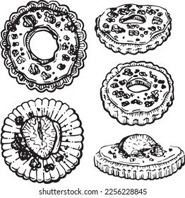 Vector graphic monochrome collection with cookies with strawberries and nuts. Valentine's Day contour set. Collection for festive designer packaging, textiles, scrapbooking