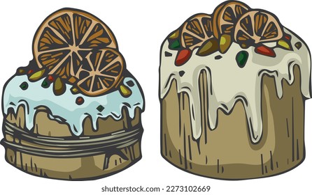 Vector graphic monochrome drawing with full-color Easter cakes with oranges and sprinkles. Mother's Day and Easter Spring Set. Image for textiles, chancery, design, scrapbooking