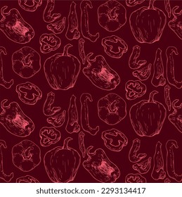 Vector graphic monochrome drawing with pieces and whole bell pepper is an ingredient in national cuisines. National Asian Kitchen Contour Collection. Image for textiles, scrapbooking, restaurant menu