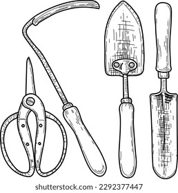Vector graphic monochrome floristic image with garden tools: scissors, tacks, shovels. Contour Collection. Image for textiles, design, scrapbooking, invitations