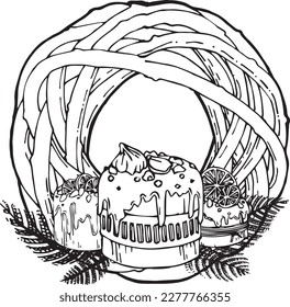 Vector graphic monochrome floristic wreath with Easter cakes with different sprinkles. Spring contour collection for Easter. Image for textiles, chancery, design, scrapbooking, invitations