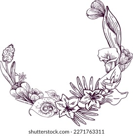 Vector graphic monochrome frame with buds of crocuses, calli, hyacinths. A contoured spring floristic set for Mother's Day and Easter. Image for textiles, chancery, design, scrapbooking