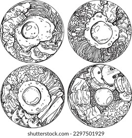 Vector graphic monochrome frame with Korean cuisine ingredients: bibimbap. National Asian Kitchen Contour Collection. Image for textiles, scrapbooking, restaurant menu