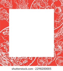 Vector graphic monochrome frame with Korean cuisine ingredients. National Asian Kitchen Contour Collection. Image for textiles, scrapbooking, restaurant menu