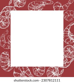 Vector graphic monochrome frame with Korean cuisine ingredient:shrimp. Asian Contour Collection of National Cuisines. Image for textiles, scrapbooking, restaurant menu