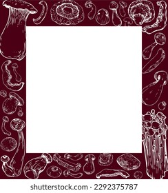 Vector graphic monochrome frame with pieces of shiitake mushrooms, enoke, shimeji, eringa. National Asian Kitchen Contour Collection. Image for textiles, scrapbooking, restaurant menu