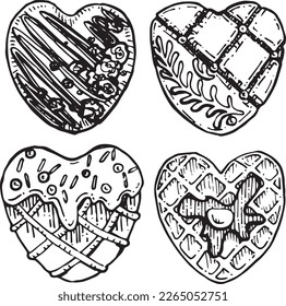 Vector graphic monochrome image with a cookie in the form of a waffle heart. Special outline set for Valentine's Day and Mother's Day. Collection for festive designer packaging, textiles, scrapbooking