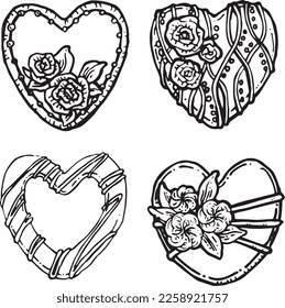 Vector graphic monochrome image with cookies in the heart with roses from cream. A special contour set for Valentine's Day and Mother's Day. Collection for festive designer packaging, textiles
