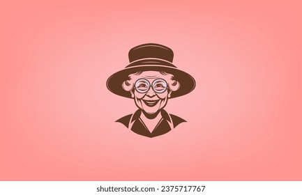 Vector graphic monochrome logo. Happy smiling elderly grandmother in a female wide-brimmed hat and glasses. Peach background.