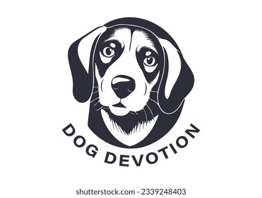 Vector graphic monochrome logo or sticker. Friendly cute doggy with a sad look. Beagle or mongrel puppy. Lettering, dog devotion. White isolated background.