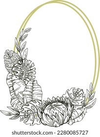 Vector graphic monochrome oval frame with domestic and exotic plants. Spring Floristic Collection for Weddings, Birthdays. Image for textiles, chancery, design, scrapbooking