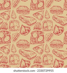 Vector graphic monochrome pattern with bodichi, sandwich. National Southern Cuisine Contour Collection. Image for textiles, scrapbooking, restaurant menu