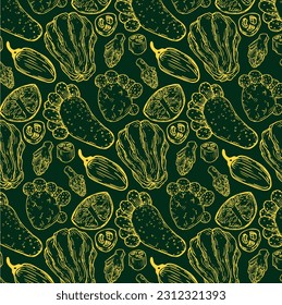 Vector graphic monochrome pattern with cactus - an ingredient in national cuisines. National Asian, Italian  Kitchen Contour Collection. Image for textiles, scrapbooking, restaurant menus