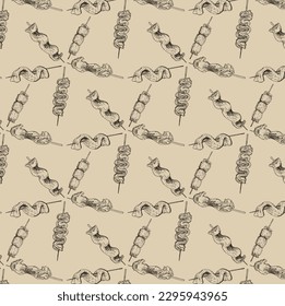 Vector graphic monochrome pattern with a dish of Korean cuisine yakitori. National Asian cuisine contour collection. Image for textiles, scrapbooking, restaurant 