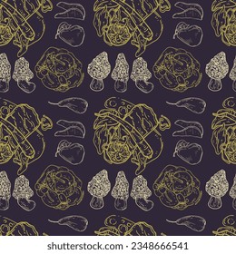 Vector graphic monochrome pattern with European dishes with pear and mushrooms. National European, French cuisine Contour Collection. Image for textiles, scrapbooking, restaurant
