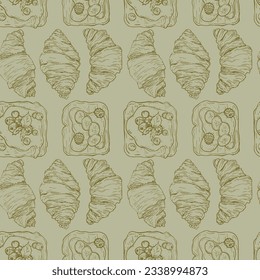 Vector graphic monochrome pattern with French croissant, toast. National European, French cuisine Contour Collection. Image for textiles, scrapbooking, restaurant 