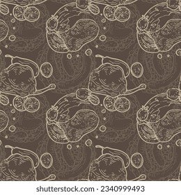 Vector graphic monochrome pattern with French Duck confit. National European, French cuisine Contour Collection. Image for textiles, scrapbooking, restaurant