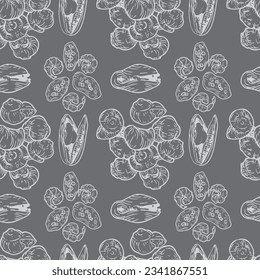 Vector graphic monochrome pattern with French oysters, snails. National European, French cuisine Contour Collection. Image for textiles, scrapbooking, restaurant