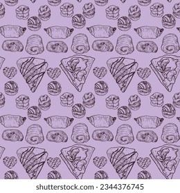 Vector graphic monochrome pattern with French chocolate bun, profiterole. National European, French cuisine Contour Collection. Image for textiles, scrapbooking, restaurant 