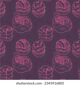 Vektorgrafik-Monochrome-Muster mit französischem Meringue, Profiterole. Nationale Kollektion für europäische und französische Küche. Bild für Textilien, Scrapbooking, Restaurant 