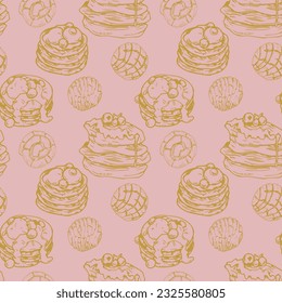 Vector graphic monochrome pattern fried ice cream, pancakes - an ingredient in national cuisines. National Mexican, Southern Cuisine Contour Collection. Image for textiles, scrapbooking 