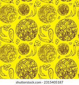 Vector graphic monochrome pattern with Menudo (soup) - an ingredient in national cuisines. National Asian, Italian  Kitchen Contour Collection. Image for textiles, scrapbooking, restaurant menus 