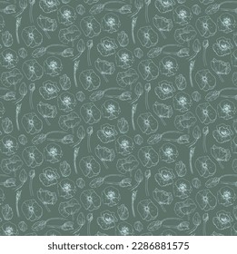 Vector graphic monochrome pattern with poppy buds. Spring Floristic Collection for Weddings, Birthdays. Image for textiles, chancery, design, scrapbooking