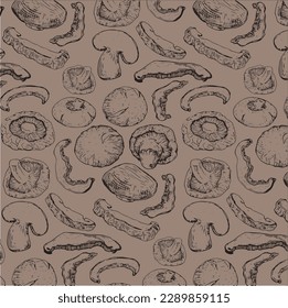Patrón monocromo gráfico vectorial con piezas de setas shiitake - un ingrediente de la cocina nacional. Colección de Concursos de Cocina Asiática Nacional. Imagen para textiles, scrapbooking, menús de restaurantes