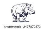 Vector graphic monochrome powerful hippopotamus. Wild african animal of lakes and swamps. Zoo. Hippo. White isolated background.