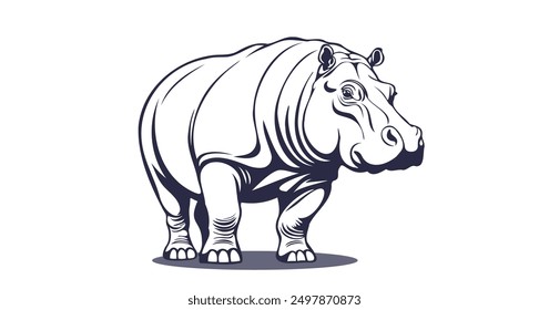 Vektorgrafik monochrome leistungsstarke Nilpferde. Wildes afrikanisches Tier von Seen und Sümpfen. Zoo. Hippo. Weißer, isolierter Hintergrund.