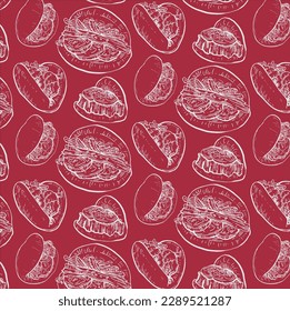 Vector graphic monochrome red pattern with Korean cuisine buns bao with different fillings. National Asian Cuisine Collection. Image for textiles, scrapbooking, restaurant menu