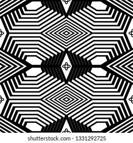 Vector graphic of monochrome repeating pattern of distorted hexagons and filling elements.