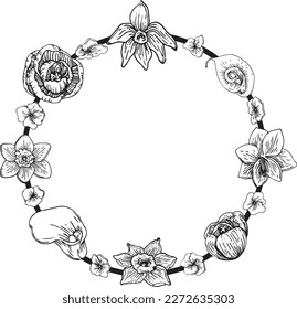Vektorgrafik-Monochrome-Rundrahmen mit Kontur-Häkchen, Daffodien, Callas. Eine Frühlingskollektion für Muttertag und Ostern. Bild für Textilien, Chirurgie, Design, Scrapbooking