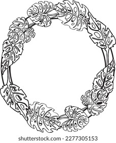 Vector graphic monochrome round frame with house plant: monster. Spring Floristic Collection for Weddings, Birthdays. Image for textiles, chancery, design, scrapbooking