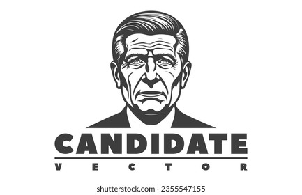 Vector graphic monochrome serious reliable adult man. Inscription, candidate. Logo or emblem. White isolated background.