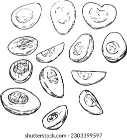 Vector graphic monochrome set with boiled eggs. National Collection of Contour Asian Cuisines. Image for textiles, scrapbooking, restaurant menus and fast food