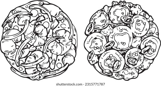 Vector graphic monochrome set with Ceviche - an ingredient in national cuisines. National Asian, Italian  Kitchen Contour Collection. Image for textiles, scrapbooking, restaurant menus 