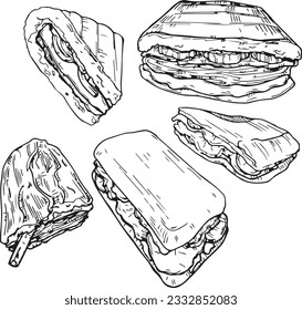 Vector graphic monochrome set with cuban sandwich. National Southern Cuisine Contour Collection. Image for textiles, scrapbooking, restaurant 