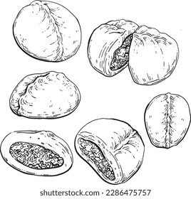 Monocromo gráfico vectorial con un plato de cocina coreana pyanse (wangmandu). Colección De Concursos De Cocina Asiática Nacional. Imagen para textiles, reserva de recortes, menús y comida rápida