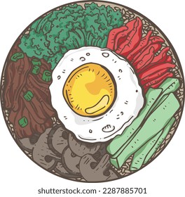 Monocromo gráfico vectorial con un plato de cocina coreana bibimbap. Colección De Concursos De Cocina Asiática Nacional. Imagen para textiles, reserva de recortes, menús y comida rápida