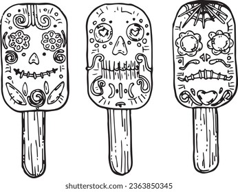 Vector graphic monochrome set eskimo with skulls of the day of the dead. Collection for autumn holidays. Image for textiles, scrapbooking, restaurant