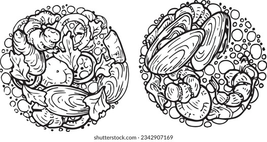 Vector graphic monochrome set with French Bouillabaisse. National European, French cuisine Contour Collection. Image for textiles, scrapbooking, restaurant